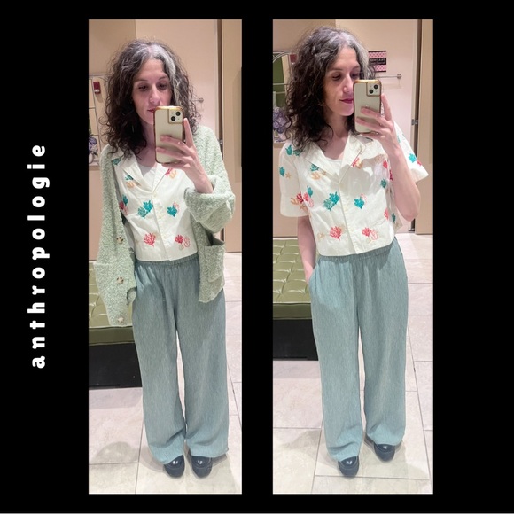 anthropologie • coral reef seashell cropped button up short sleeve collar shirt - Picture 4 of 17